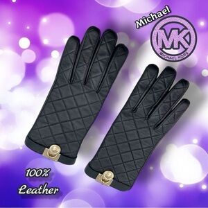 Michael Michael Kors Quilted Black Leather Gloves with Gold Detail